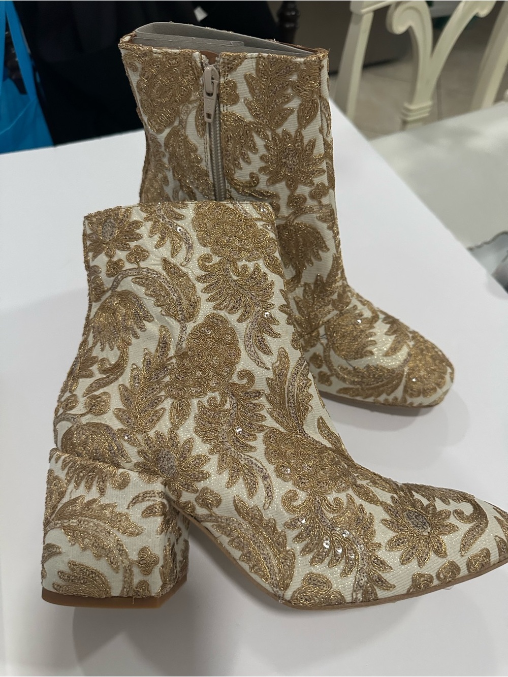 Free People Cream and Gold Embroidered Paisley Block Heel Ankle Boots